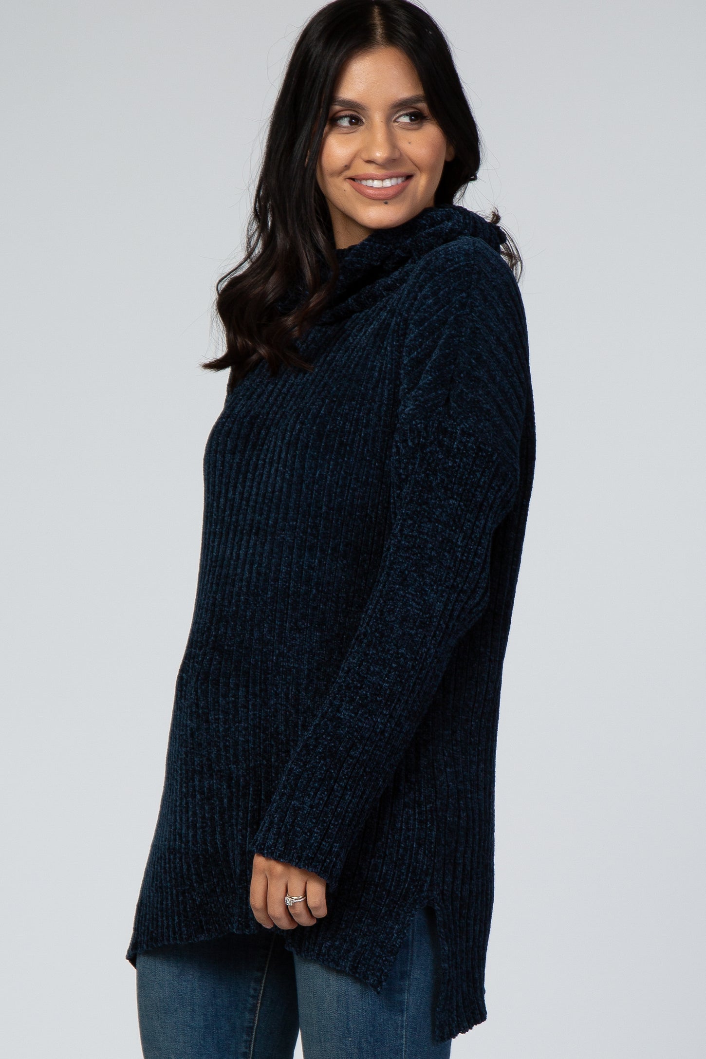 Navy Blue Ribbed Chenille Turtleneck Sweater