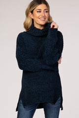Navy Blue Ribbed Chenille Turtleneck Maternity Sweater