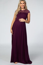 Purple Lace Neck Maternity Maxi Dress