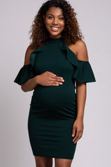 PinkBlush Forest Green Cold Shoulder Ruffle Detail High Neck Fitted Maternity Dress