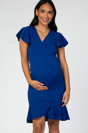 Royal Blue Ruffle Accent Fitted Maternity Wrap Dress