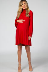 Red Mock Neck Tie Back Long Sleeve Maternity Dress