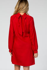 Red Mock Neck Tie Back Long Sleeve Maternity Dress