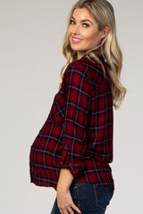Red Plaid Rolled Sleeve Collared Button Down Maternity Top