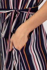 Navy Blue Striped Sleeveless Collared Button Down Maxi Dress