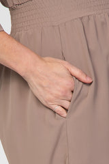 Mocha Long Sleeve Button Down Smocked Waist Maternity Jumpsuit