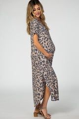 Beige Leopard Print V-Neck Maternity Maxi Dress