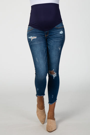 PinkBlush Navy Blue Distressed Frayed Hem Maternity Jean