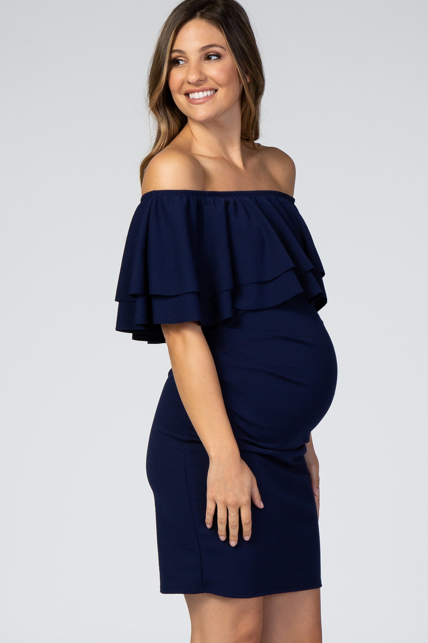 Navy Double Layer Ruffle Off Shoulder Maternity Dress
