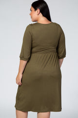 Olive 3/4 Sleeve Round Neck Plus Midi Dress
