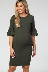 PinkBlush Olive Fitted Ruffle Sleeve Maternity Dress