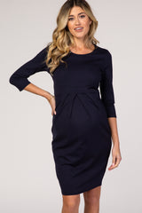 Navy Blue 3/4 Sleeves Front Pleated Maternity Dress