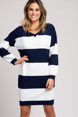Navy Blue Large Striped Long Bubble Sleeve Knit Sweater Dress