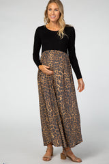Black Long Sleeve Empire Waist Cheetah Print Maternity Maxi Dress