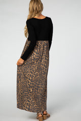 Black Long Sleeve Empire Waist Cheetah Print Maternity Maxi Dress