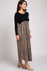 Black Long Sleeve Empire Waist Cheetah Print Maxi Dress