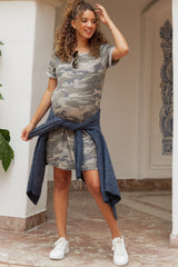 Olive Camo Cuff Sleeve Maternity Dress