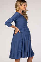 Blue Tiered Swiss Dot Maternity Midi Dress