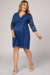 Blue Lace Overlay Plus Maternity Wrap Dress