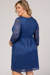 Blue Lace Overlay Plus Maternity Wrap Dress