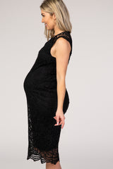 PinkBlush Black Crochet Overlay Scalloped Hem Fitted Maternity Midi Dress