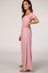 PinkBlush Mauve Off Shoulder Textured Polka Dot Short Sleeve Maxi Dress