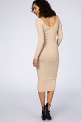 Taupe V-Neck Long Sleeve Fitted Maxi Dress