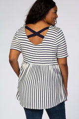 PinkBlush Navy Blue Striped Crisscross Peplum Plus Maternity Top