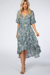Sage Leaf Print Hi-Low Wrap Midi Dress