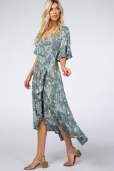Sage Leaf Print Hi-Low Wrap Midi Dress
