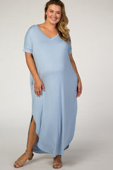 PinkBlush Light Blue V-Neck Short Sleeve Maternity Plus Maxi Dress