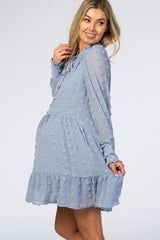 Light Blue Textured Chiffon Ruffle Hem Maternity Dress