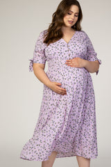 Lavender Floral Tie Sleeve Maternity Plus Midi Dress