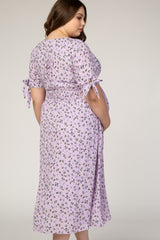 Lavender Floral Tie Sleeve Maternity Plus Midi Dress