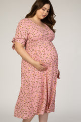 Pink Floral Tie Sleeve Maternity Plus Midi Dress