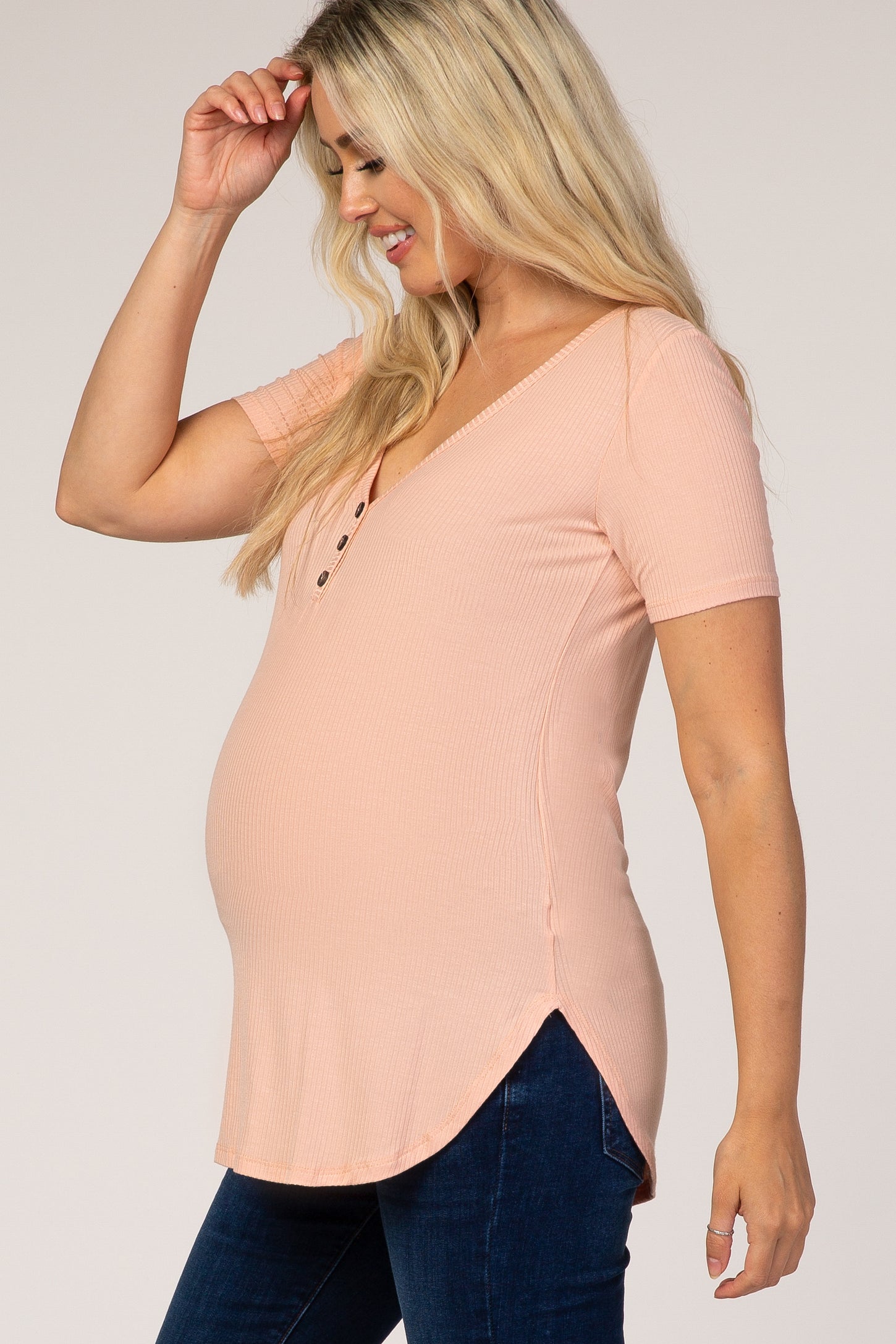 Peach Ribbed Short Sleeve Button Detail Maternity Top