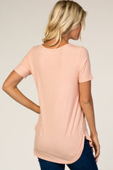Peach Ribbed Short Sleeve Button Detail Top