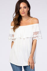 White Off Shoulder Lace Sleeve Maternity Top