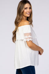 White Off Shoulder Lace Sleeve Maternity Top