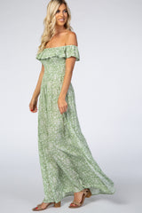Green Floral Ruffle Off Shoulder Maxi Dress