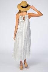 White Vertical Striped Sleeveless High Neck Maternity Maxi Dress