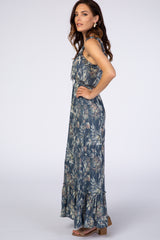 Blue Floral Shimmer Lace-Up Maxi Dress