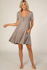 Taupe Short Sleeve Button Detail Swing Dress