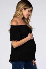 Black Off Shoulder Pom Pom Hem Maternity Top