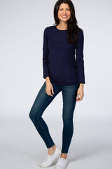 Navy Blue Long Sleeve Ruched Fitted Top