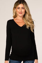 Black Long Sleeve Fitted Ruched Maternity Top