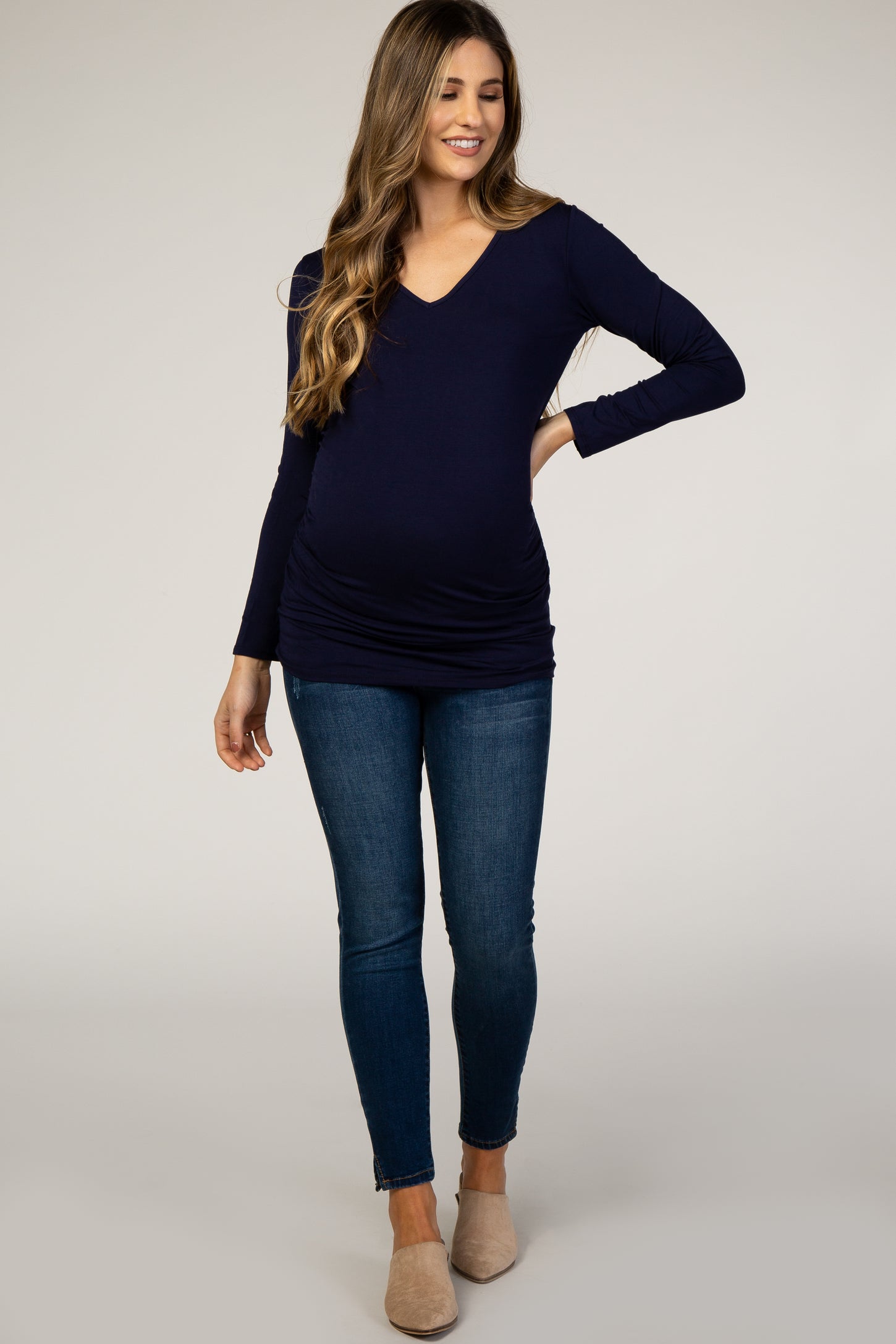 Navy Long Sleeve Ruched Fitted Maternity Top