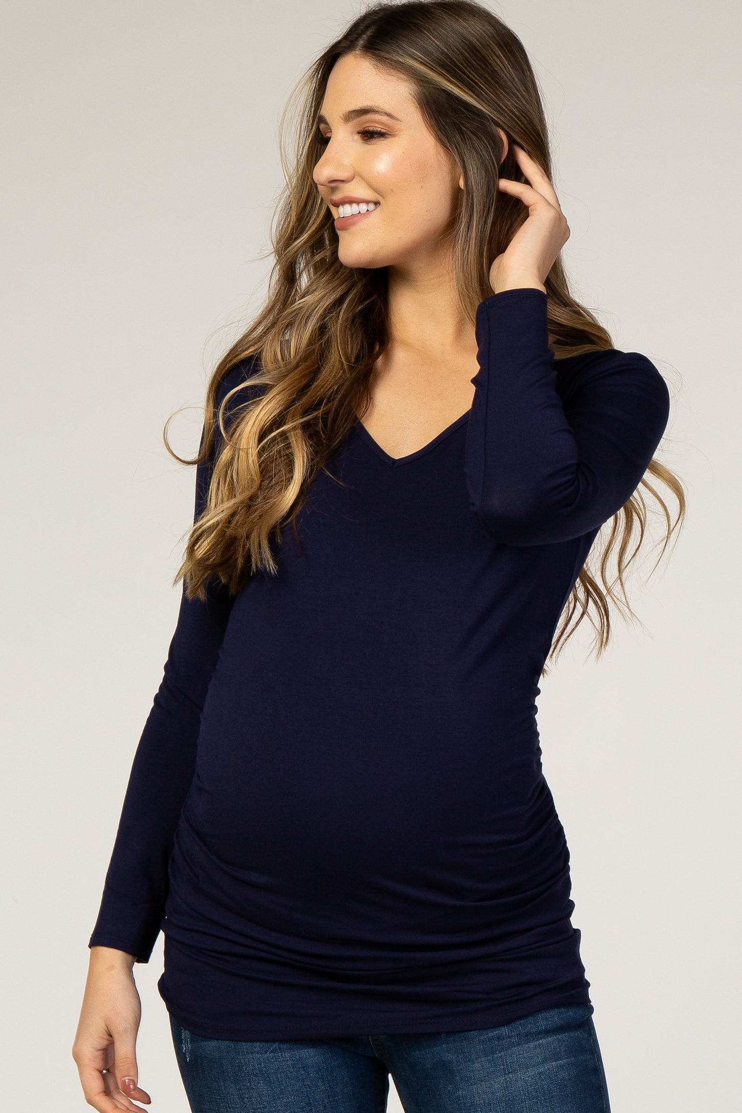 Navy Long Sleeve Ruched Fitted Maternity Top