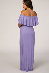 Purple Off Shoulder Ruffle Trim Maternity Maxi Dress