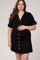 Black Short Ruffle Sleeve Button Down Plus Maternity Dress